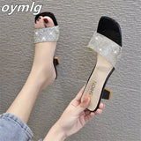 slippers women's summer new 2022 sexy rhinestones one word thick with fairy wind square head large size sandals