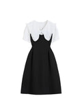 Patchwork Peter Pan Collar Women Dress Puff Sleeve Korean Tunic Dresses A-line High Waist Vestidos Office Ladies