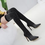 Knee Boots 2022 Luxury Woman Shoes Rhinestone Pointed Toe Sexy High Heels Plus Size 43 Thigh High Sock Botas De