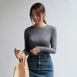 High Quality Plain T Shirt Women Cotton Elastic Basic T-shirts Female Casual Tops Long Sleeve Sexy Thin T-shirt see