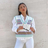 Fashion Geometry Jacquard Sweater Vest Women With Ribbed Trims Pullover Twist Pull Sans Manches Femme V Neck Vintage