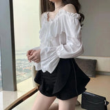Sexy Off Shoulder Blouses Women Ruffles Solid Slash Neck Chiffon Shirts Office Lady Korean Flare Long Sleeve Casual