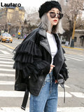 Autumn Short Black Oversized Lace Patchwork Leather Biker Jacket Long Sleeve Loose Womans Clothing Fashionable