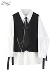 Spring Autumn Women's Two-Piece Sets Streetwear Fashion Tooling Style Vest And Solid Loose Long Sleeve Shirts Female
