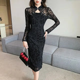 Sexy Black Lace Long Sleeve Midi Dresses Women 2023 Spring Autumn Korean Elegant Fashions Evening Party Female