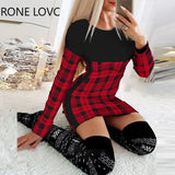 Women Casual Elegant Round Collar Long Sleeves Plaid Pattern Patchwrok Bodycon