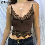 SUCHCUTE Goth Aesthetic Lace Patchwork Tank Tops For Women Sexy V-Neck Brown Retro Crop Tops Summer 90s Fashion Casual