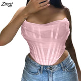 Women's Sexy Mesh Corset Tops Fashion Off Shoulder Sleeveless Asymmetric Tube Tops