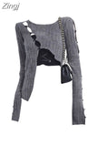 Sexy Hollow Out Irregular Knitted Top Long Sleeved Korean Style Split Pullover Thin Sweater Ladies New Autumn