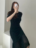 Hollow Out Women Knit Short Sleeve High Waist Bandage With Vest Midi Female Fashion Chic Dress