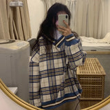 Hoodie Plaid Print Sweatshirt Pullovers V-Neck Long Sleeve Top Women Loose Korean Fashion Clothing Harajuku