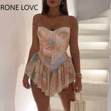 Women Spaghetti Strap Blooming Floral Print Ruffles Irregular Dress Mini Dress Elegant Fashion Chic