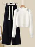 Fall Winter Knitwear Two Piece Sets For Women Outfits Ladies Elegant Diamond Sequined Knitted Sweater And Warm Pants