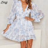 Elegant Ruffles Print Mini Dress Women Sexy Halter V-neck long-sleeved waist Puff sleeve Dresses 2022 women