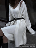 New Solid V-Neck Jacket Dress + Sweater Cardigan Hot Elegant Knitted