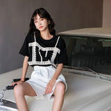 Black Patchwork Lace T Shirt Women Korean Tshirt Summer Short Sleeve Top Designer Tee Shirt 2020