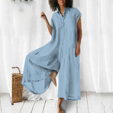 Women Cotton Linen Solid Loose Playsuit Overalls Casual 3/4 Sleeve Offcie Lady Rompers Spring Vintage V Neck Wide Leg