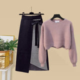 Women Autumn Winter Warm Knitted Two Pieces Sets Korean Long Sleeve Pullover Sweater Top And High Waist Skirts