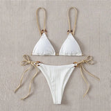 Sexy Bikini Set Cute White Plain Ring Linked Spaghetti Strap Triangle Thong Biquini Swimsuit Swimwear Women Bathing Suit