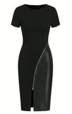 Zippered Short Sleeve Black PU Thighs Open Tight