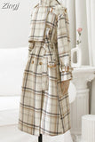 Autumn Winter Long Loose Warm Plaid Wool Blends Trench Coat for Women Raglan Sleeve Belt Double Breasted Woolen