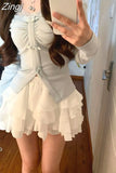 Ballet Sweet Long Sleeve Tshirts High Waist Cake Skirts Blue Mesh Patchwork V Neck Tees Two Piece Y2k Ball Gown