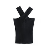 Black Simple Cross Strap Knitted Tanks Top 2021 New Summer Camisole Sleeveless Underwear Overlapping