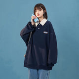 Fashion Oversized Female Sweatshirt Preppy Style Polo Pullovers Patchwork Loose Female Clothing Student