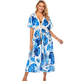 Patchwork Plunging Neck Self Belted High Waist Beach Tunic Dress Summer Beachwear Solid White Front Open Long Dress