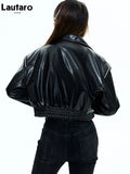 Spring Short Black Blue Faux Leather Jackets for Women Long Sleeve Zipper Runway Fashion Designer Luxury Clothes