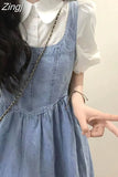 Preppy Style Slim Waist Solid Camisole Dress Women Sleeveless Blue Denim A-line Dresses Y2k Harajuku Korean