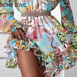 Women Cold Shoulder Ruffles Frill Hem Graphic Print Dress Summer Mini