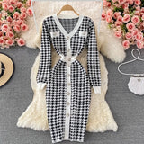 Chic Autumn Knit Dress Women Elegant V-neck Long Sleeve Plaid Pattern Buttons Decoration Skinny Midi Work Party