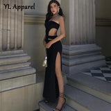 Spring Women Solid Black Strapless Hollow Out Long Nightclub Dress Female High Split Sleeveless Maxi Evening Party