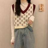 Vintage Harajuku Print Knit Vest Fall Women V-Neck Sweater Vests Fashion Loose Sleeveless Y2k Waistcoat Korean