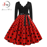 Big Swing Print Vintage Christmas Dress Women Winter Casual Long Sleeve V Neck Sexy New Year Party Dress