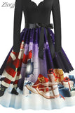 Women Plaid Print Winter Dress Black Long Sleeve Vintage Christmas Party Pin up Rockabilly Dress Robe Femme