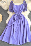 Vintage Women Lace Patchwork Midi Dress Elegant Square Collar Short Puff Sleeve Big Swing Casual Vestidos Female 2023