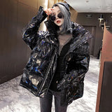 New Hooded Glossy Winter Down Cotton Padded Jacket For Women Thick Bright Black Shiny Jacket black Parkas fashion