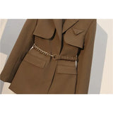 Women Clothing Autumn Winter Office Ladies Elegant Solid Jacket Women Long Sleeve High Waist Metal Belt Blazer