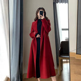 Belt Long Wool Coats Women Vintage Lace Up Woolen Overcoat Korean Bandage Thick Jacket Winter Elegant Red Chic Outwear