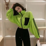 Spring Summer Women Casual Loose Pocket Color Contrast Batwing Sleeve Drawstring Zipper Short Coat