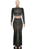 Sexy Black Shine Rhinestone Crystal Sheer Skirt Set New Women Long Sleeve Top And Maxi Skirt Suits Night