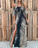 Sexy Women Summer Dress Off Shoulder Smoked Cutout Leaf Print Slit Dress Casual Maxi Dress Chic Party Long
