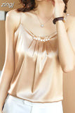 Silk Women Tops Satin Blouses for Women Beading Silk Blouse Top Woman Sleeveless Shirts Tops Fashion Woman Satin