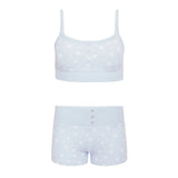 Women Spring Summer Outfit Sets Long Sleeve V Neck Floral Tops + Elastic Band Button Shorts Harajuku Retro Pjs