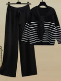 Winter Knitwear Two Piece Sets For Women Outfits Korean Casual Striped Knitted Sweater And Wide Leg Knitting Pants