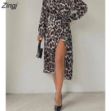 Elegant Fashion Leopard Print Dress for Women Summer Dresses 2022 New Lace-up Full Sleeve Casual Slit Lace-up Midi
