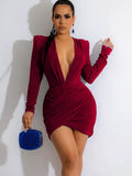 Sexy Solid Shine Velvet Ruched Irregular Mini Dress Women Long Sleeve Deep V Neck Bodycon Night Clubwear