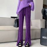 Winter Purple Corduroy Chic Front Split Flare Pants Full Length High Waist Elegant Women Trousers Korean Streetwear